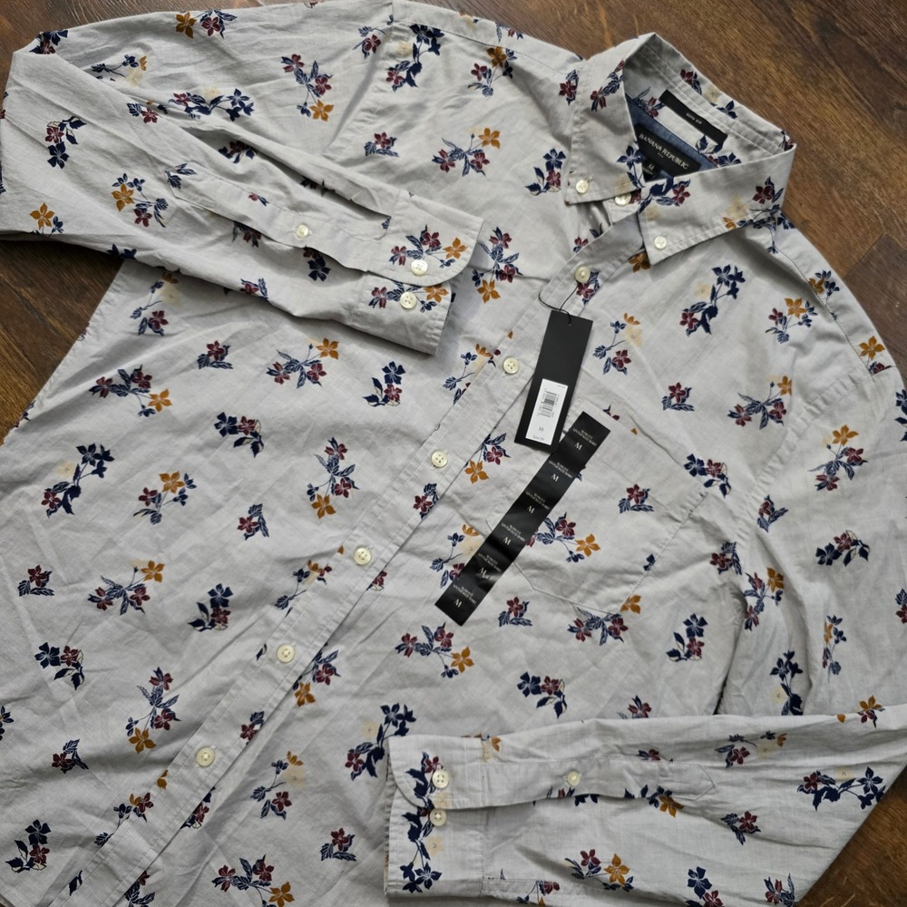 New Banana Republic Slim Fit Untucked Shirt Mens Medium‎ Grey Floral Button Down
